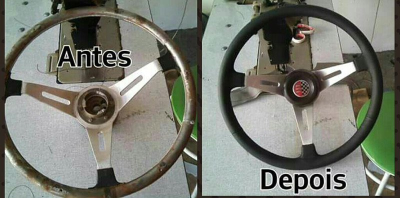 Antes e depois de volante esportivo revestido em couro